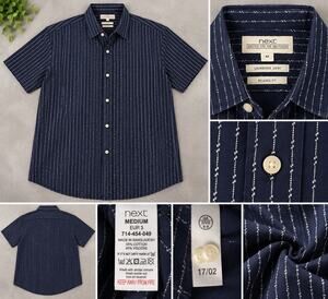 NEXT Men’s Navy Blue White Pinstripe Short Sleeve Button Up Shirt Relaxed Fit M